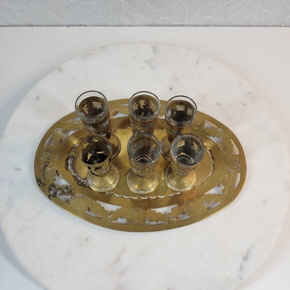 Vintage Mexican Cordial Set Brass Shot GlassesTray Embossed Overlayed Stamped - Picture 6 of 16